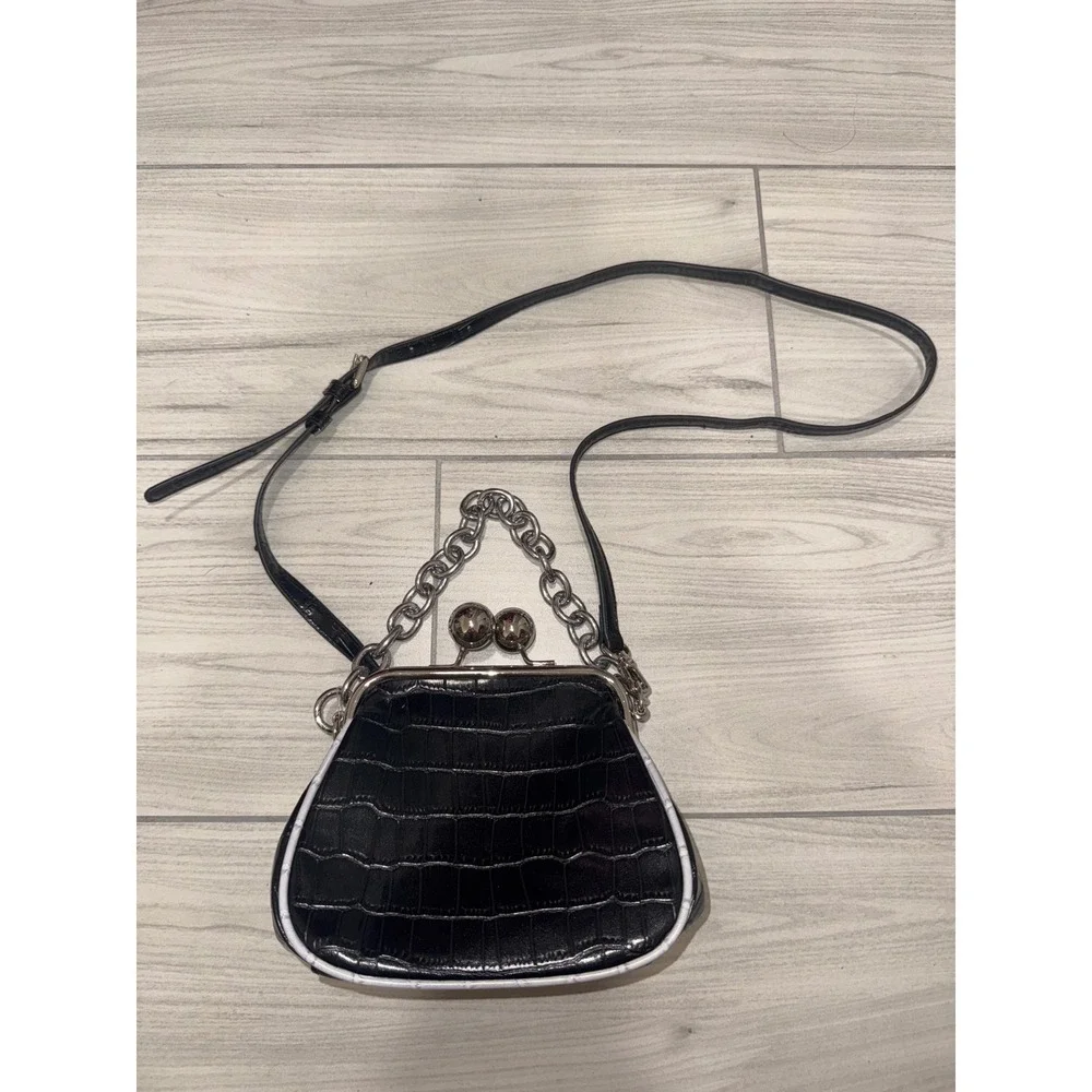 Dirty Six Black Croc Embossed Mini Kiss Lock Crossbody Bag with Chain Handle